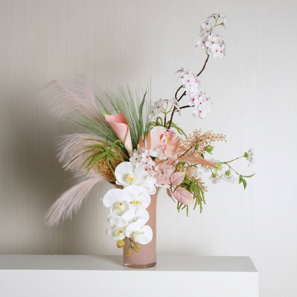 Minimalist pink and green artificial flower arrangement in modern glass vase for tabletop decor